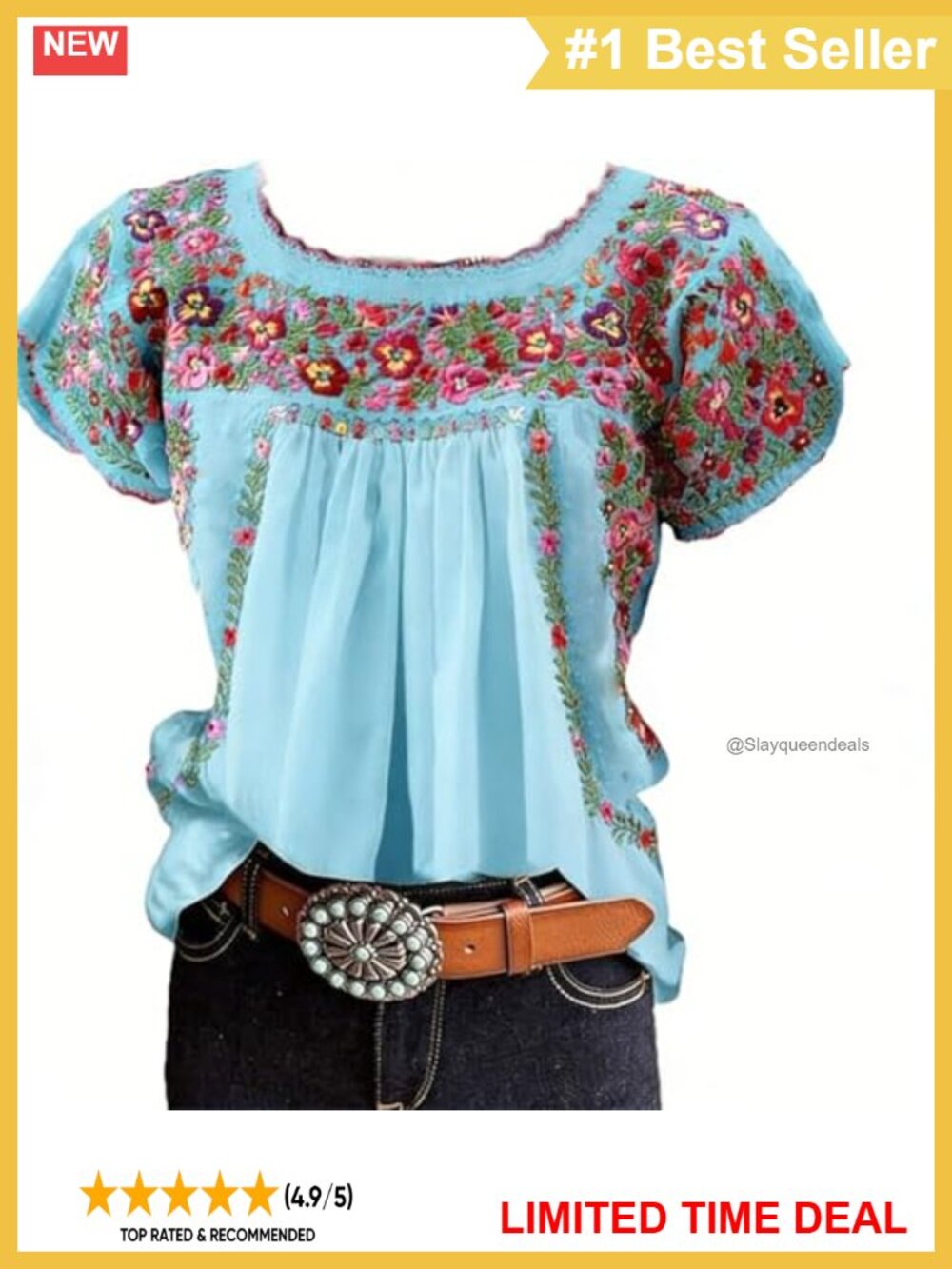 Floral Embroidered Peasant Blouse Short Sleeve Pleated Crew Neck Top